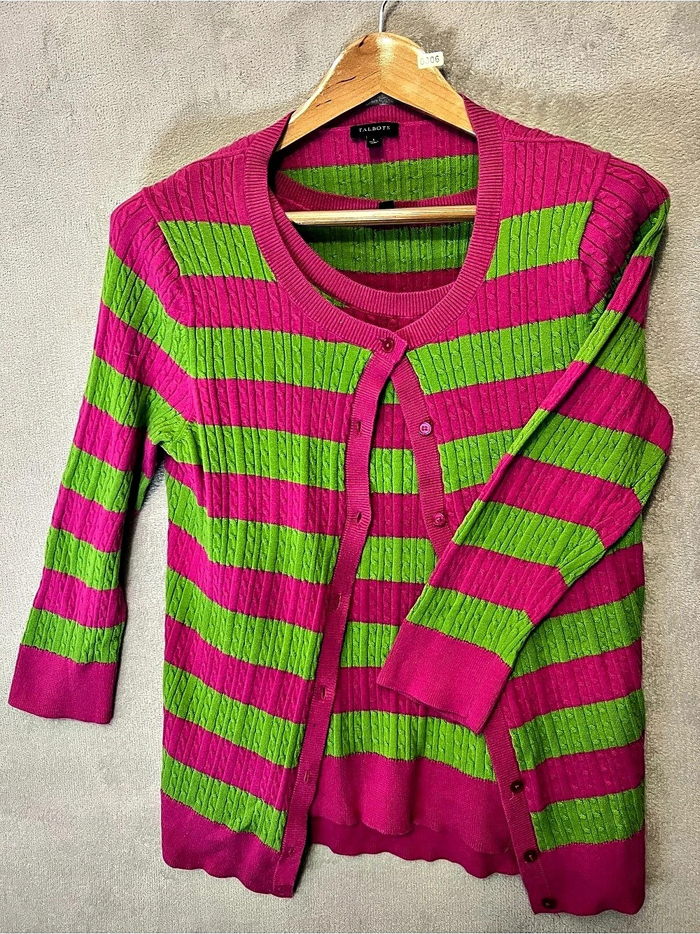 Talbots Pink and Green Striped 2 piece Cable-Knit Cardigan with matching top Lar
